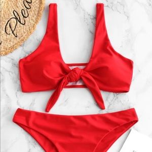Red tie front bikini